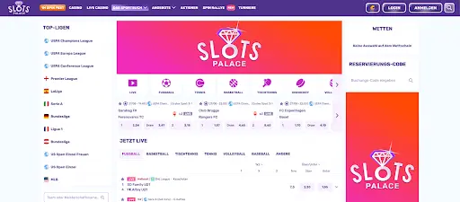 Slots Palace – Sportwetten auf Champions League, Bundesliga und mehr Slots Palace Sportwettenbereich mit Top-Ligen und Live-Wetten