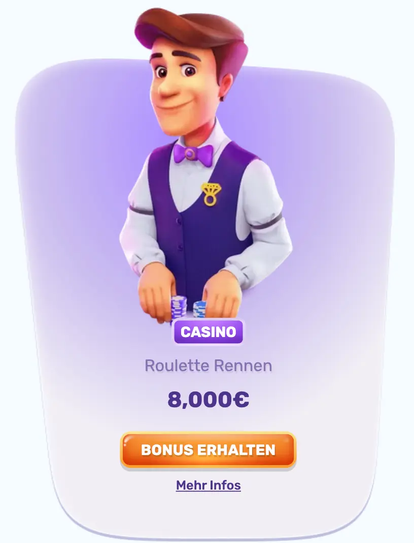 Slots Palace Casino – Roulette Rennen mit 8000€ Preisgeld Slots Palace Figur im Anzug mit Roulette Rennen Bonus 8000€