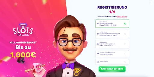 Registrierung 1/4 – Willkommensbonus wählen Slots Palace Registrierung Schritt 1 Bonusauswahl