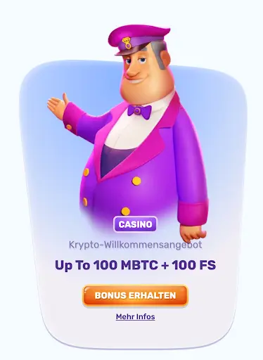 Slots Palace Casino – Krypto-Bonus bis 100 mBTC und 100 Freispiele Slots Palace Figur im lila Anzug mit Krypto-Willkommensbonus