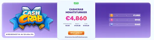 CashCrab Turnier – Jetzt teilnehmen und bis zu 1885€ gewinnen Slots Palace CashCrab Monatsturnier mit Preispool 4860€