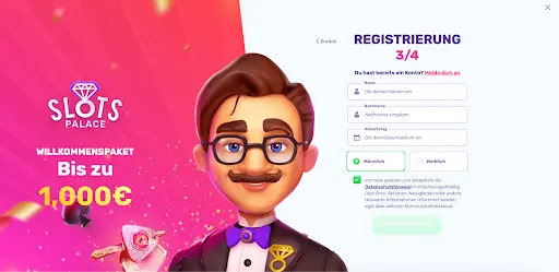 Registrierung 3/4 – Name und Geburtsdatum eingeben Slots Palace Registrierung Schritt 3 persönliche Daten
