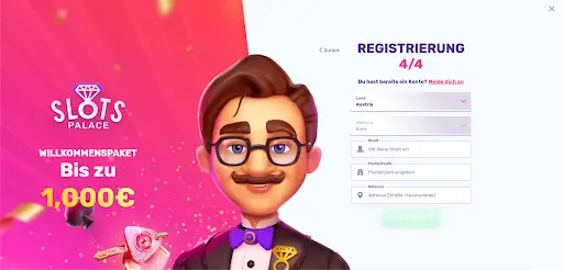 Registrierung 4/4 – Kontoerstellung abschließen Slots Palace Registrierung Schritt 4 Adresse und Land