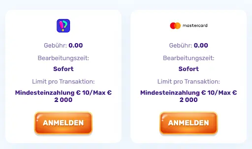 Einzahlung bei Slots Palace – Payz und Mastercard sofort, gebührenfrei Slots Palace Zahlungsmethoden Payz und Mastercard mit Limits und Gebühren