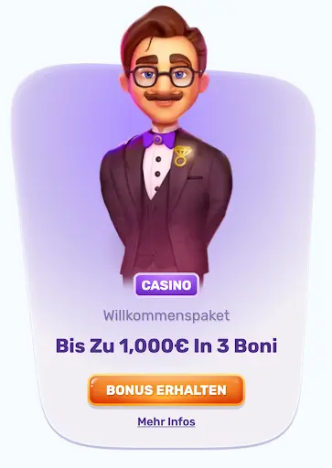 Slots Palace Casino – Willkommensbonus in 3 Boni sichern Slots Palace Figur im Anzug mit Willkommenspaket bis zu 1000€