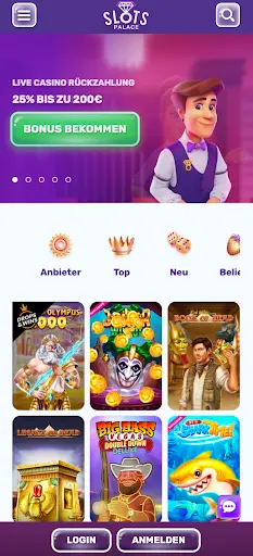 Slots Palace – Mobile Casino mit Live Bonusangebot Slots Palace mobile Startseite mit Live Casino Bonus bis zu 200€