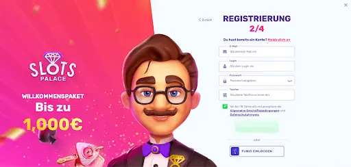 Registrierung 2/4 – Zugangsdaten eingeben Slots Palace Registrierung Schritt 2 E-Mail und Login