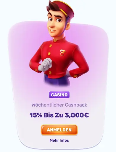 Slots Palace Casino – 15% Cashback bis zu 3000€ pro Woche Slots Palace Figur im roten Outfit mit wöchentlichem Cashback Bonus