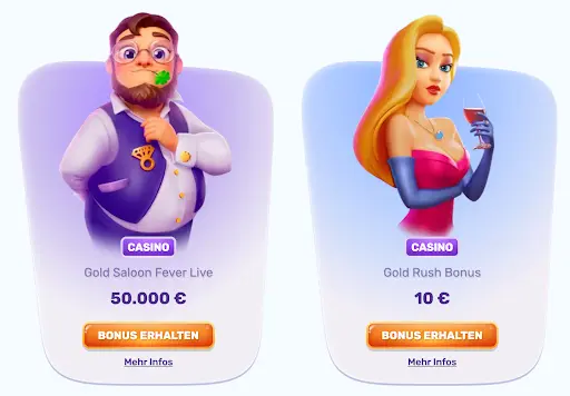 Slots Palace Casino – Gold Saloon und Gold Rush Bonusangebote Slots Palace Figuren mit Gold Saloon Fever Live Bonus 50.000€ und Gold Rush Bonus 10€