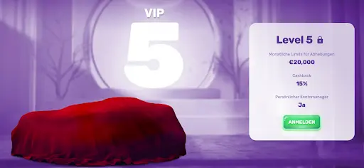 VIP Stufe 5 – Limits 20.000€, 15% Cashback, Kontomanager Slots Palace VIP Level 5 mit Cashback und persönlichem Kontomanager